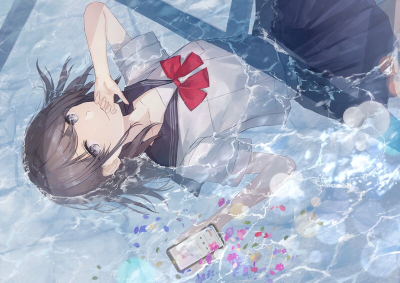 Anime Girl in Water — Blue, Serene, Digital Art, School Uniform