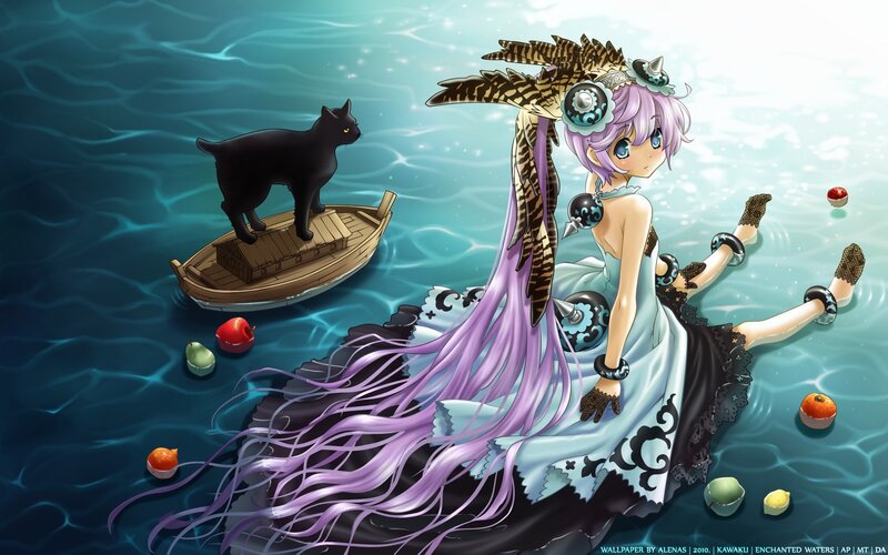 Anime Girl in Water — Blue, Serene, Digital Art