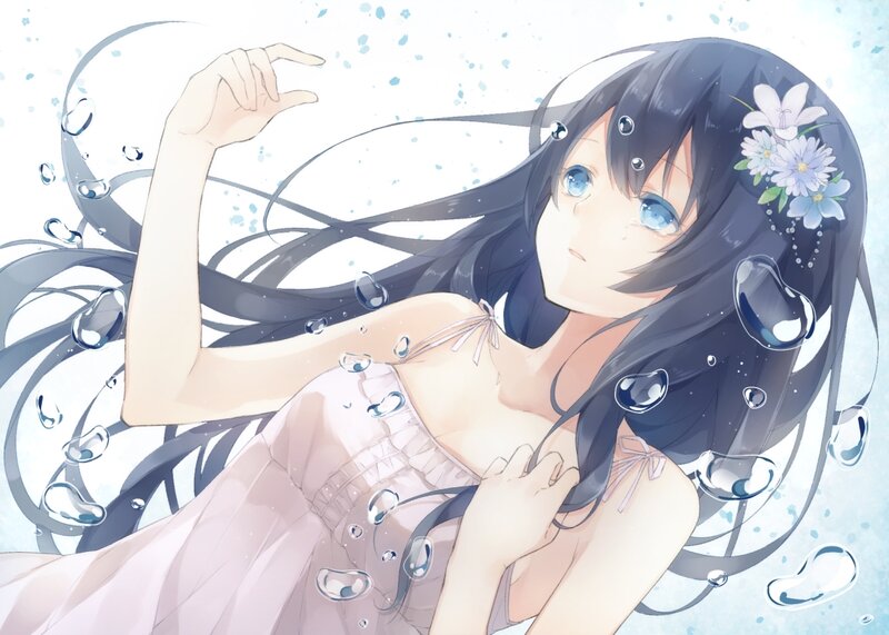 Anime Girl in Water — Blue, Serene, Flowers