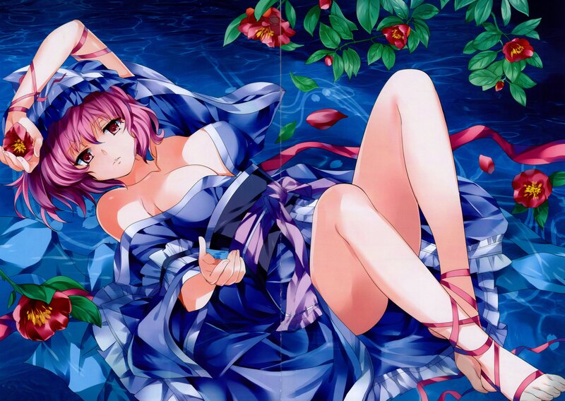 Anime Girl in Water — Blue, Serene, Manga, Flowers, Dress