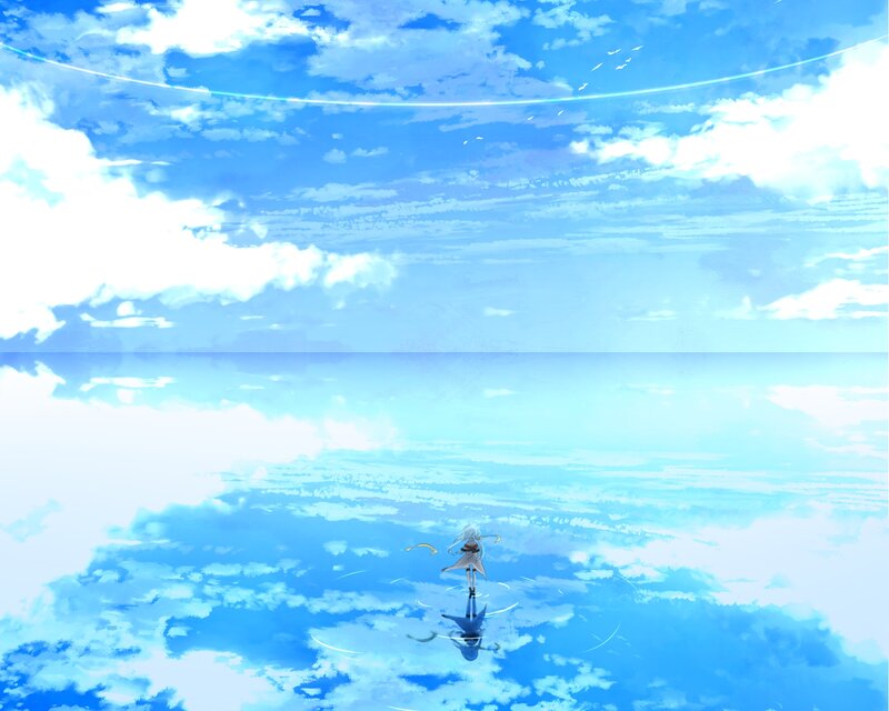 Anime Girl in Water — Blue, Serene, Morning, Digital Art