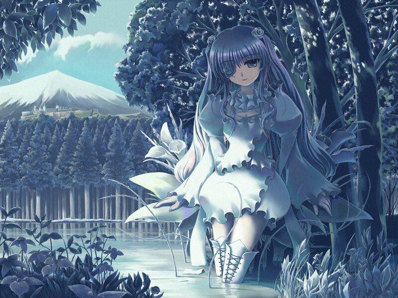 Anime Girl in Water — Blue, Serene, Morning