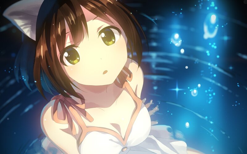 Anime Girl in Water — Blue, Serene, Night, Cat Ears