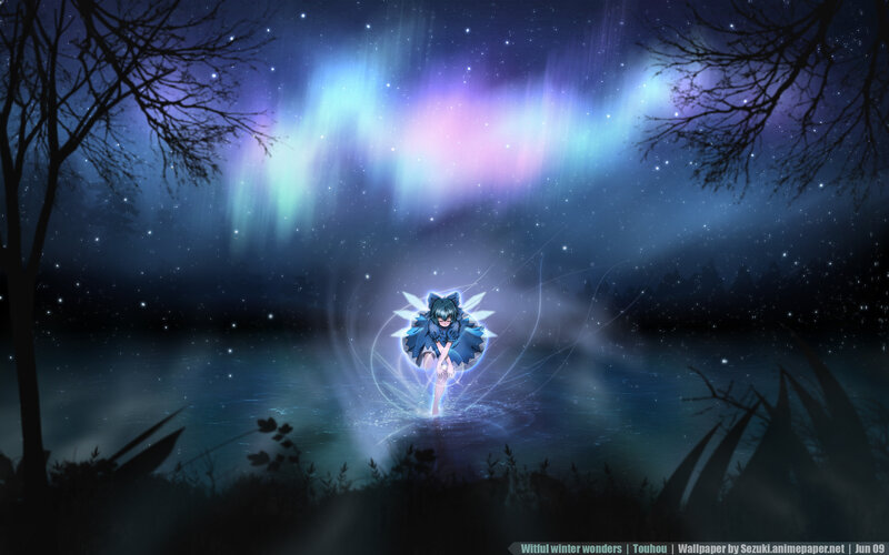 Anime Girl in Water — Blue, Serene, Night, Digital Art, Aurora Borealis