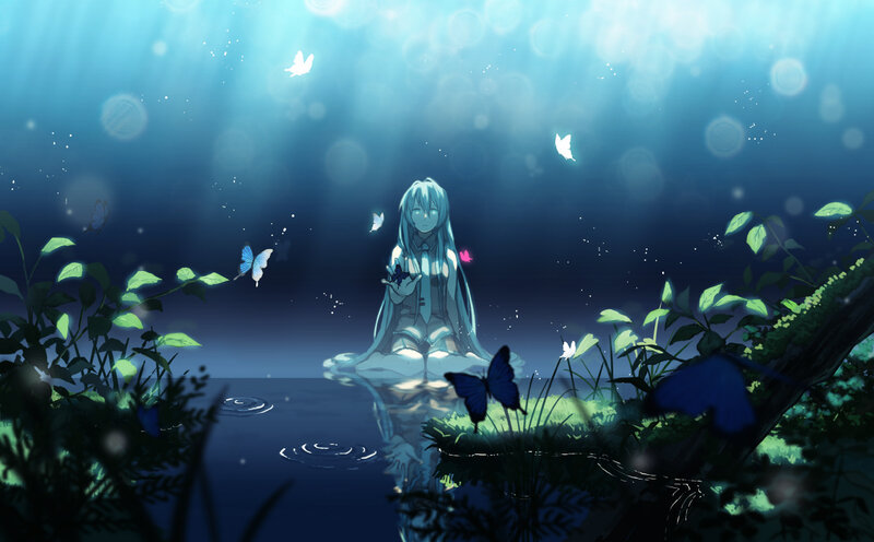 Anime Girl in Water — Blue, Serene, Night, Digital Art, Butterflies