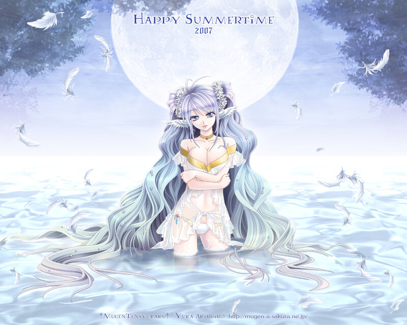 Anime Girl in Water — Blue, Serene, Night, Digital Art, Feathers
