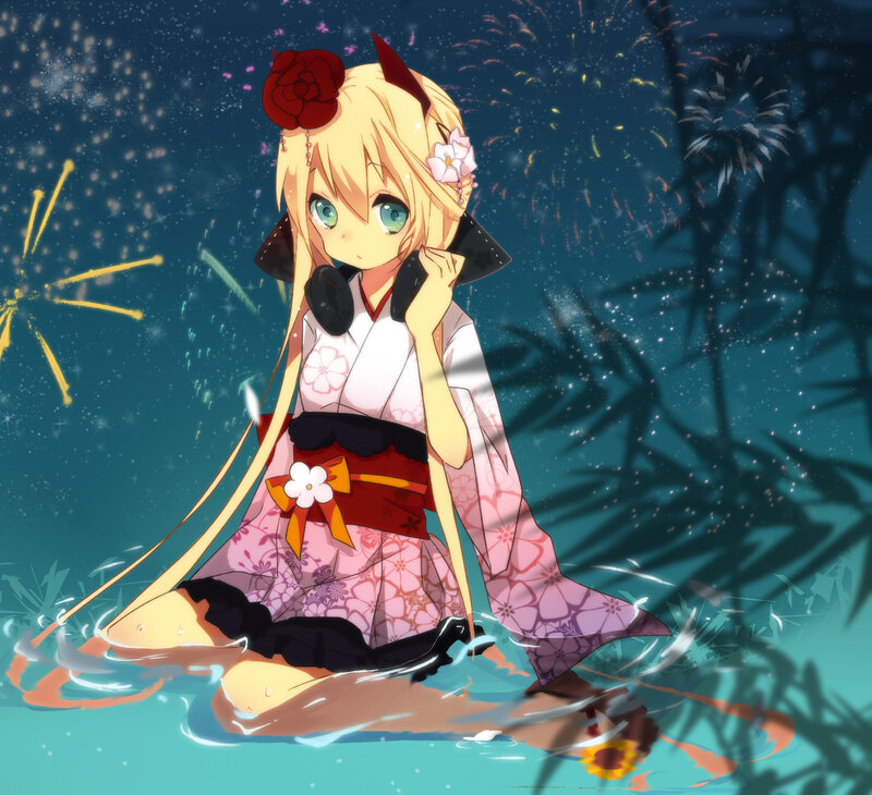 Anime Girl in Water — Blue, Serene, Night, Digital Art, Fireworks