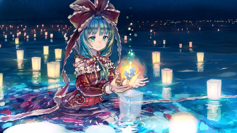Anime Girl in Water — Blue, Serene, Night, Digital Art, Lanterns