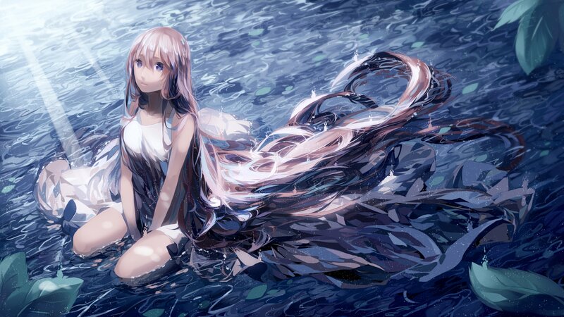 Anime Girl in Water — Blue, Serene, Night, Digital Art, Long Hair, Leaves