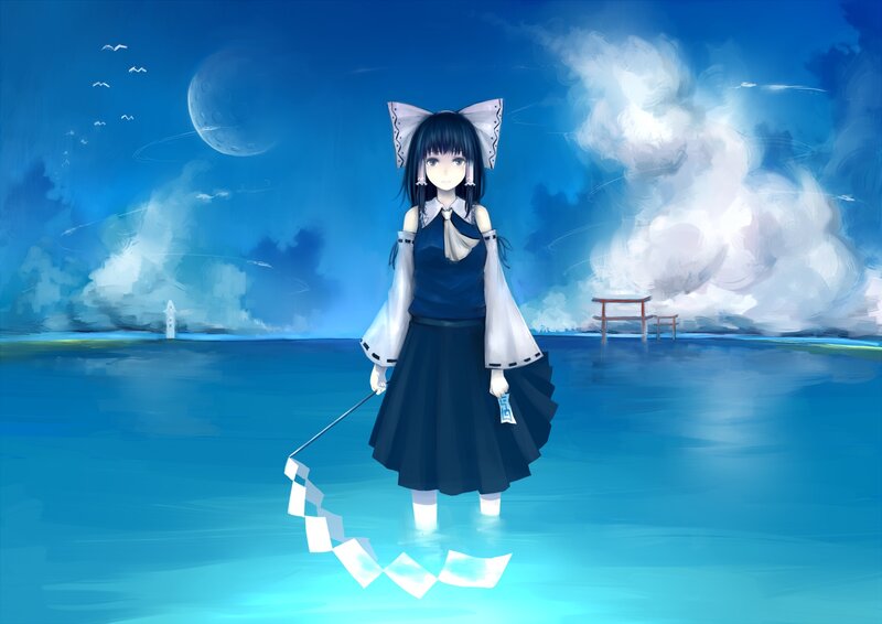 Anime Girl in Water — Blue, Serene, Night, Digital Art, Moon, Clouds