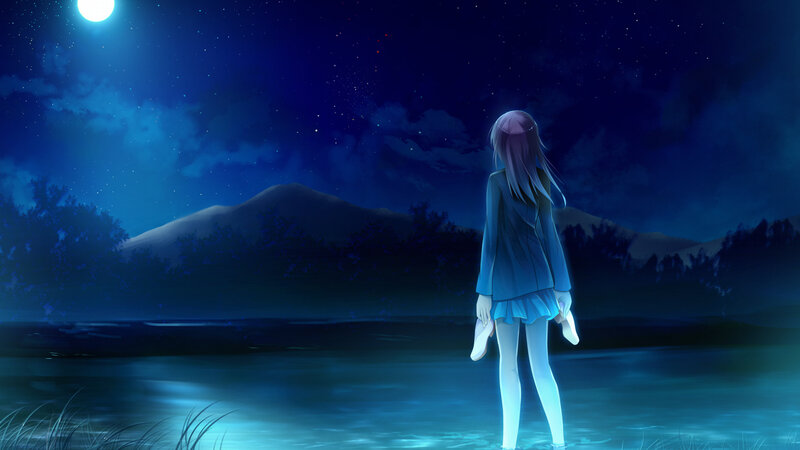 Anime Girl in Water — Blue, Serene, Night, Digital Art, Moon