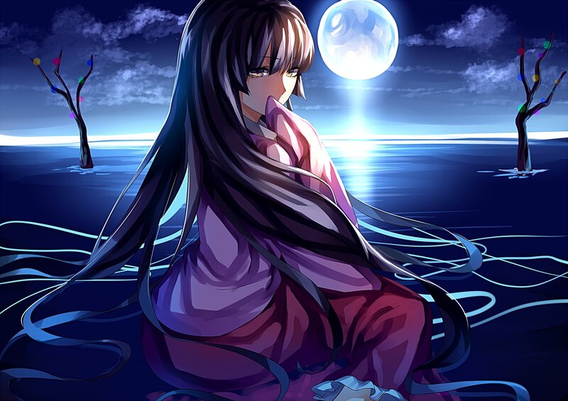 Anime Girl in Water — Blue, Serene, Night, Digital Art, Moon, Trees