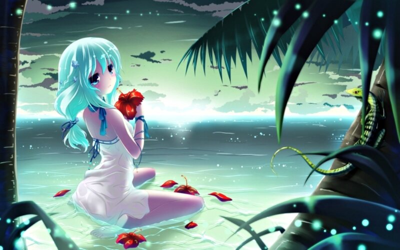 Anime Girl in Water — Blue, Serene, Night, Digital Art, Palm Tree