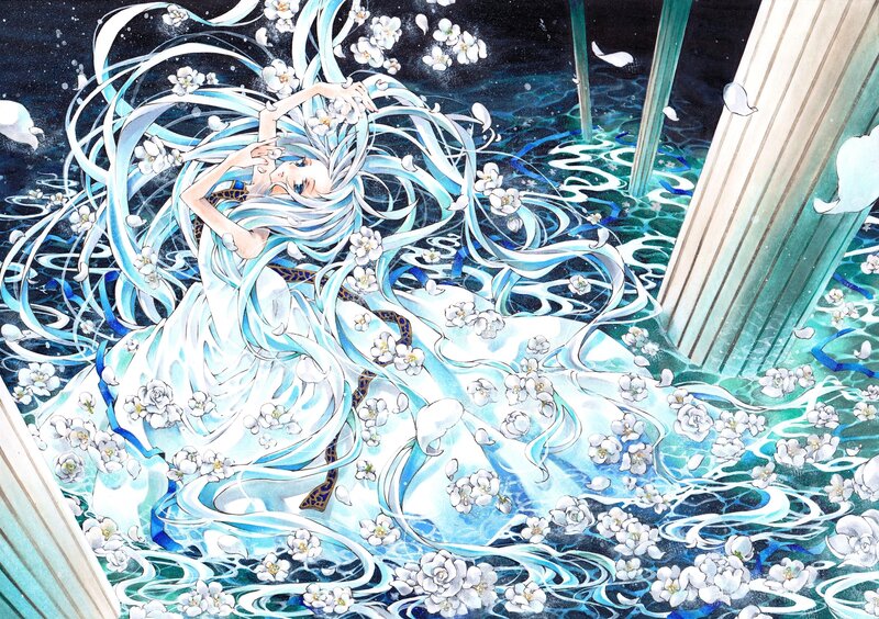 Anime Girl in Water — Blue, Serene, Night, Manga