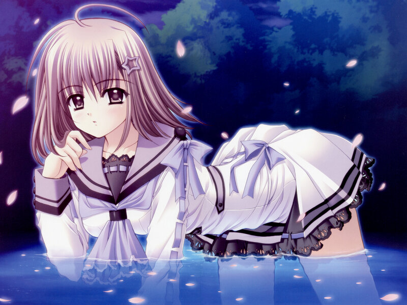 Anime Girl in Water — Blue, Serene, Night, Petals