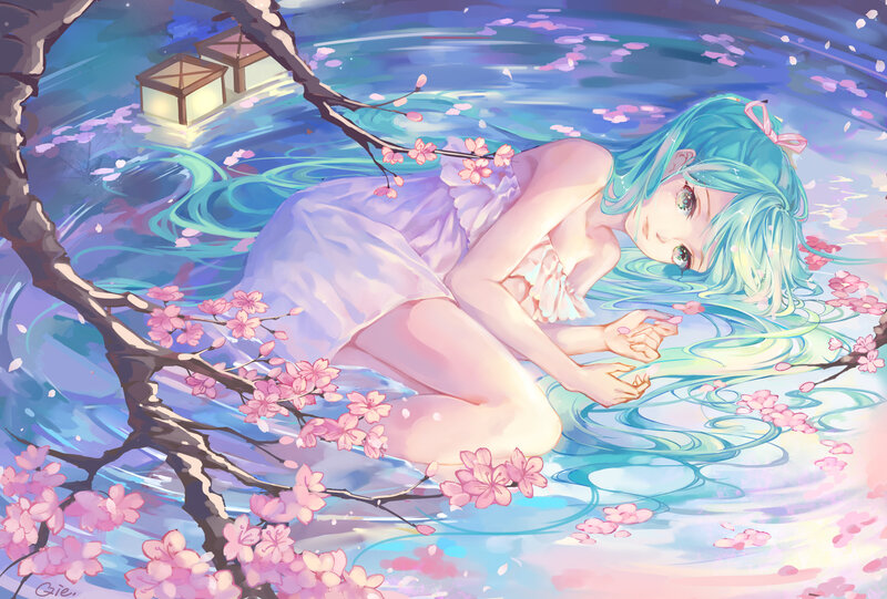 Anime Girl in Water — Blue, Serene, Spring, Digital Art, Cherry Blossoms, Lanterns