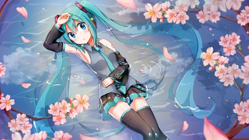 Anime Girl in Water — Blue, Serene, Spring, Digital Art, Cherry Blossoms