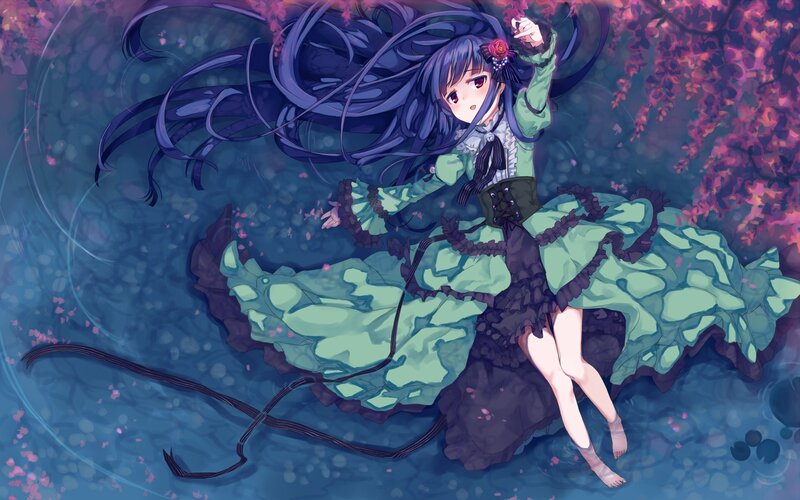 Anime Girl in Water — Blue, Serene, Spring, Digital Art, Long Hair