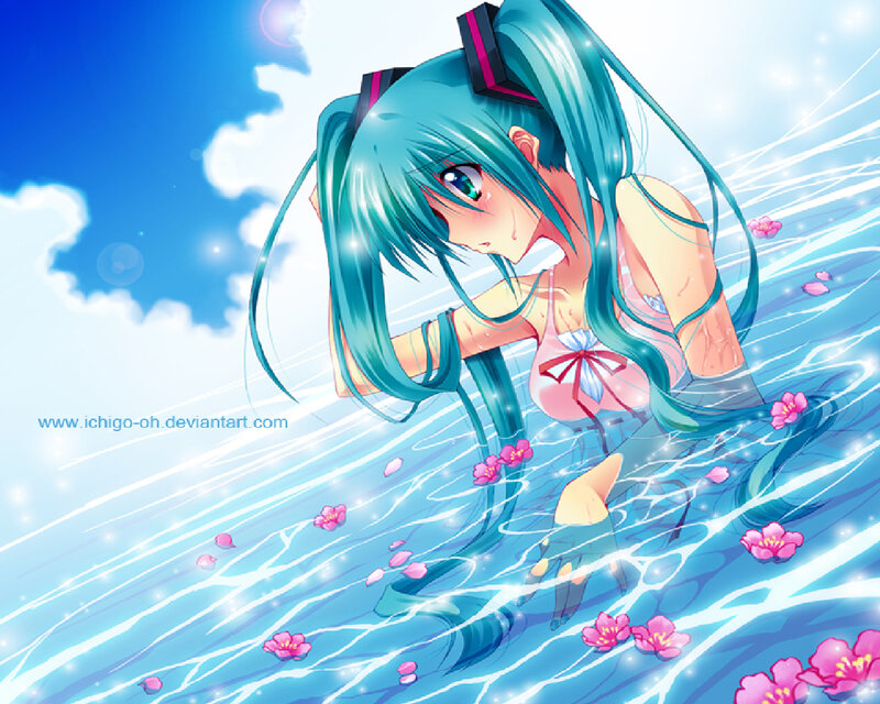Anime Girl in Water — Blue, Serene, Summer, Digital Art