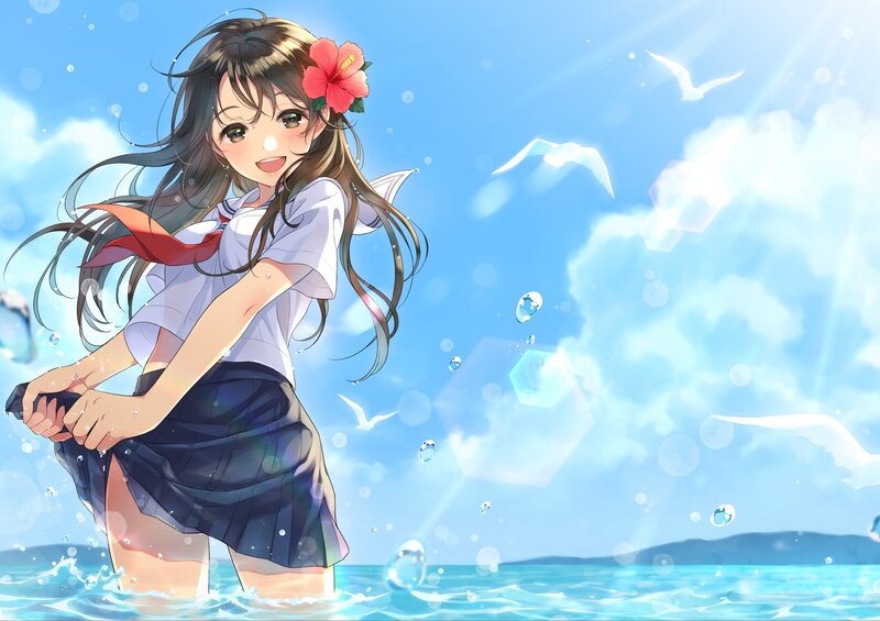 Anime Girl in Water — Blue, Serene, Summer, Flower