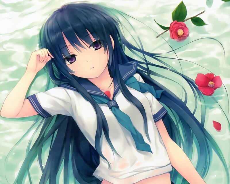 Anime Girl in Water — Blue, Serene, Summer, School Uniform