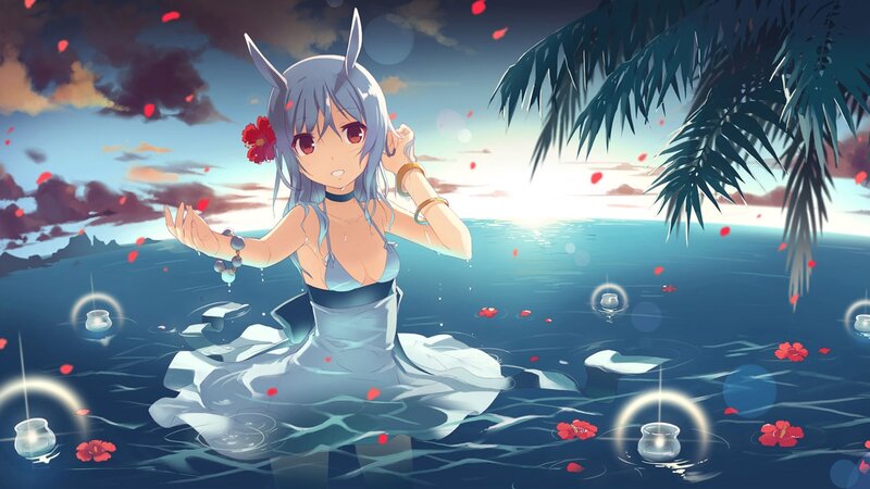 Anime Girl in Water — Blue, Serene, Sunset, Digital Art, Palm Tree, Flowers