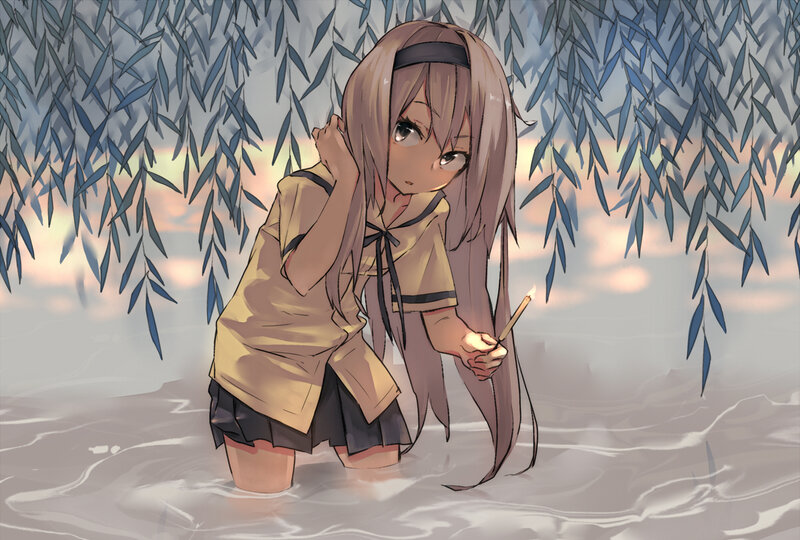 Anime Girl in Water — Blue, Serene, Sunset, Digital Art