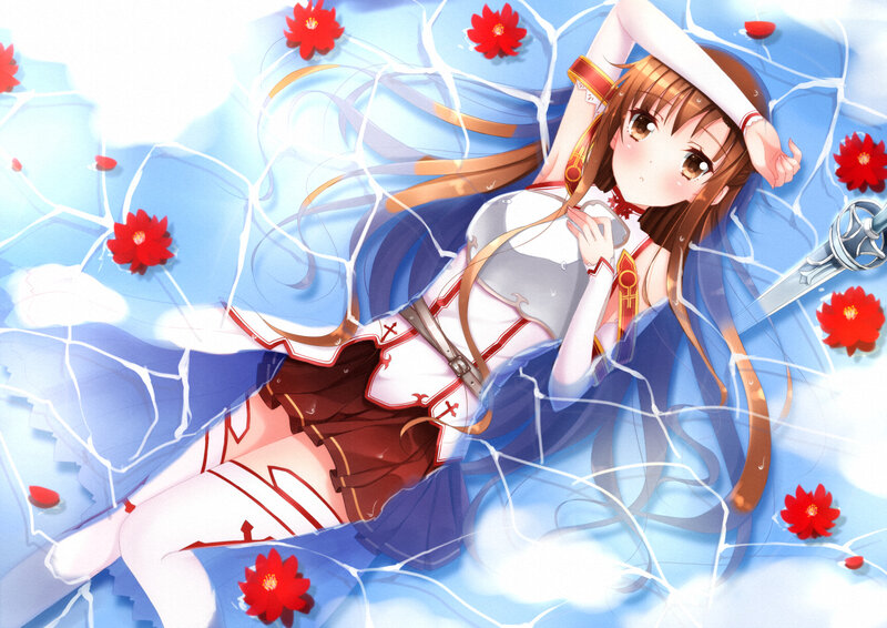 Anime Girl in Water — Blue, Serene, Sword, Flowers