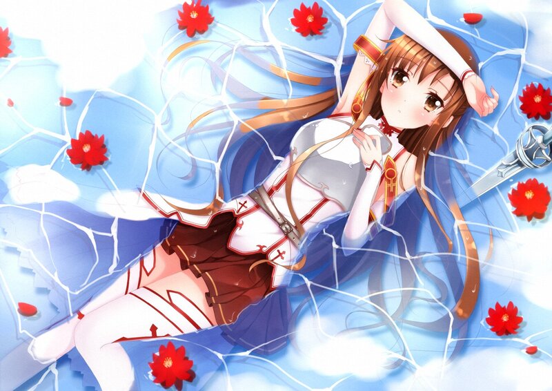 Anime Girl in Water — Blue, Serene, Sword, Flowers, White