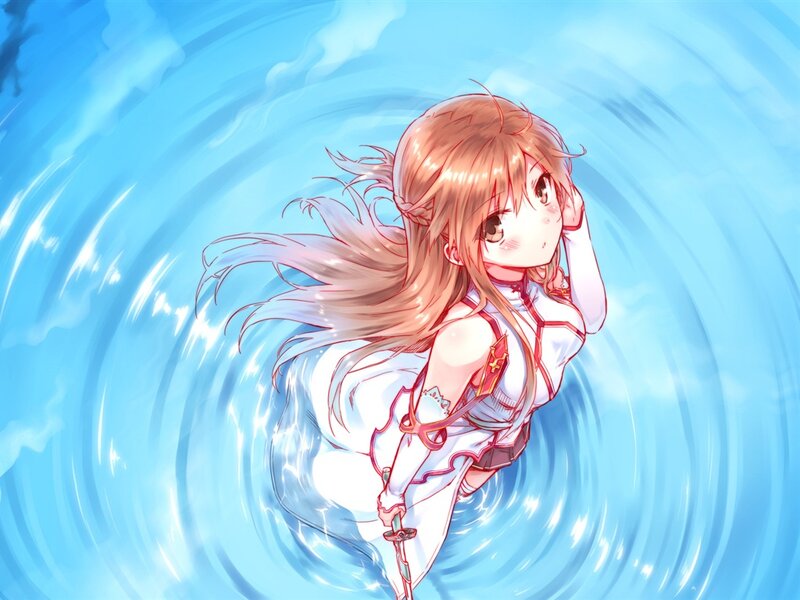 Anime Girl in Water — Blue, Serene, Sword, Hair