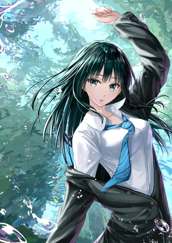 Anime Girl in Water — Green, Calm, Digital Art