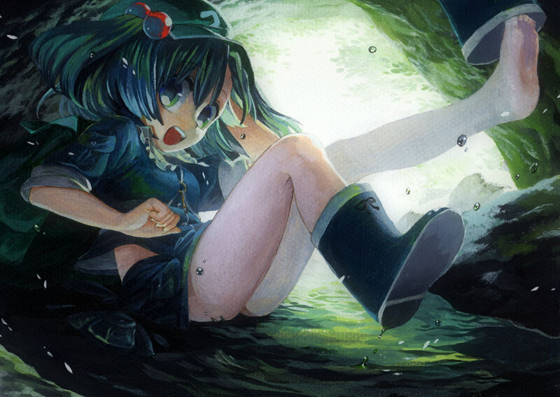 Anime Girl in Water — Green, Dramatic, Digital Art
