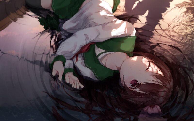 Anime Girl in Water — Green, Dramatic, Sunset