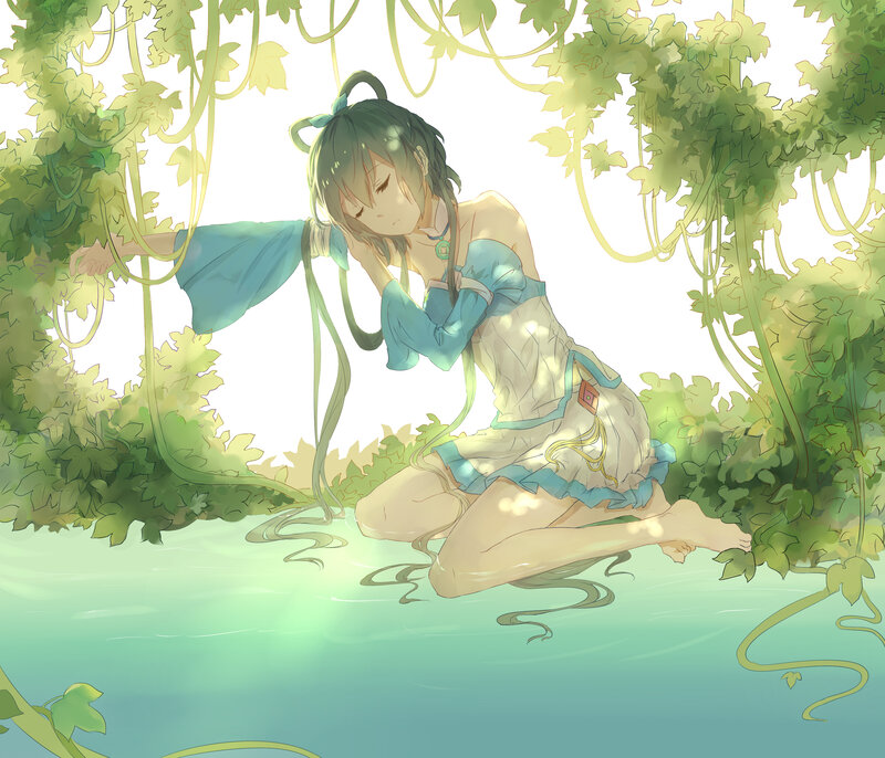 Anime Girl in Water — Green, Serene, Afternoon, Digital Art