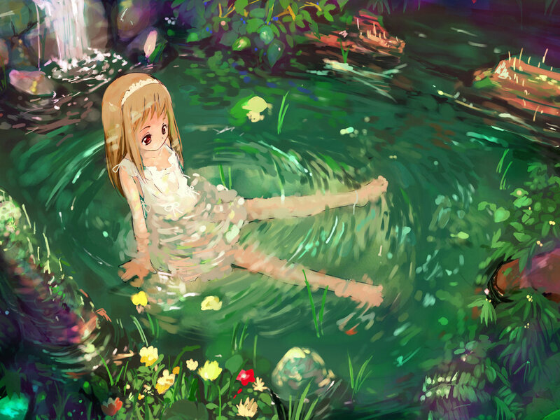 Anime Girl in Water — Green, Serene, Afternoon