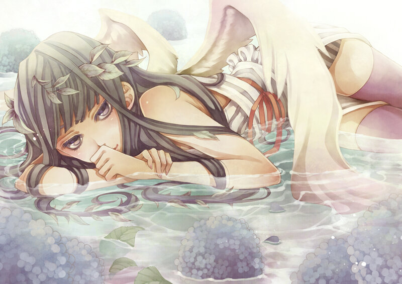 Anime Girl in Water — Green, Serene, Digital Art