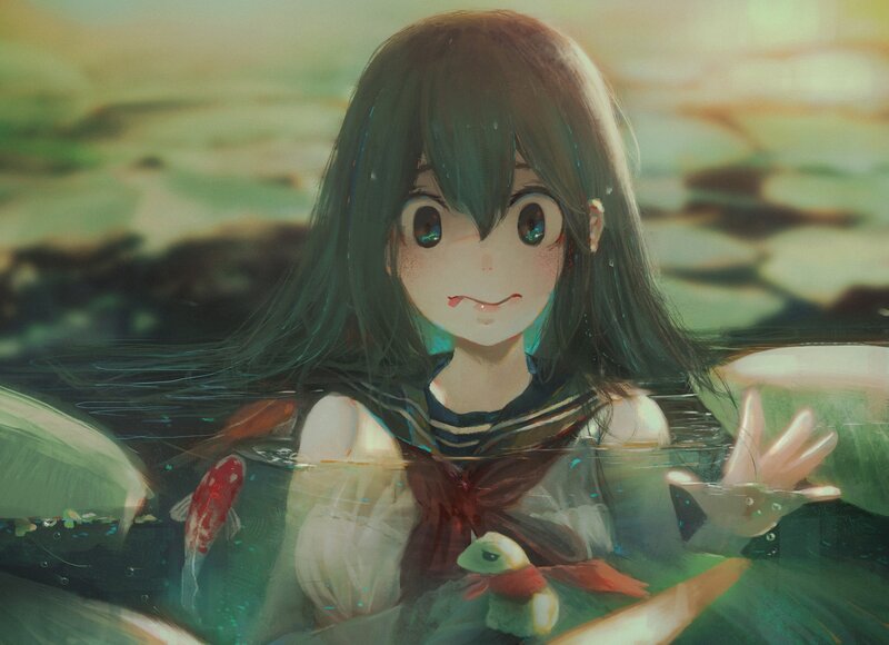 Anime Girl in Water — Green, Serene, Sunset, Digital Art
