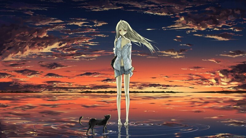 Anime Girl in Water — Orange, Dramatic, Sunset