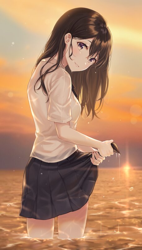 Anime Girl in Water — Orange, Serene, Sunset, Digital Art