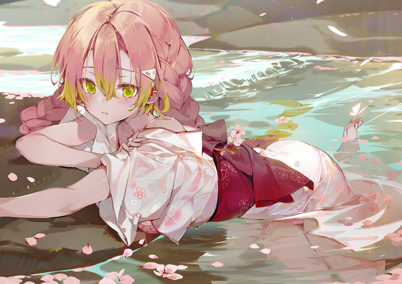 Anime Girl in Water — Pink, Serene, Spring, Digital Art, Cherry Blossoms