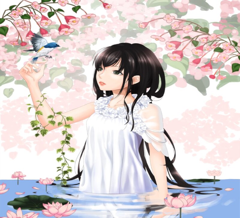 Anime Girl in Water — Pink, Serene, Spring, Digital Art