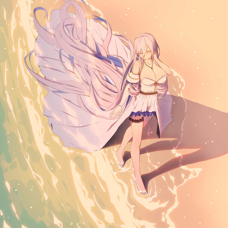 Anime Girl in Water — Pink, Serene, Sunset, Digital Art