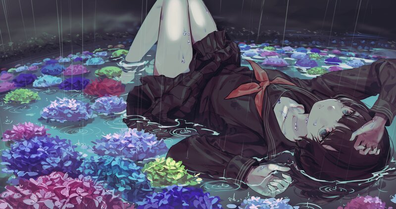 Anime Girl in Water — Purple, Dramatic, Night, Digital Art, Rain