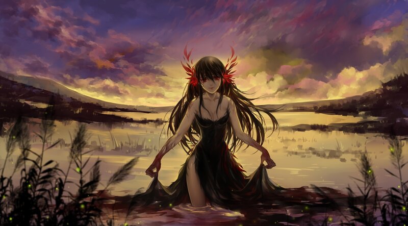 Anime Girl in Water — Purple, Dramatic, Sunset