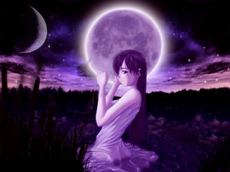 Anime Girl in Water — Purple, Serene, Night, Digital Art, Moon, Night Sky