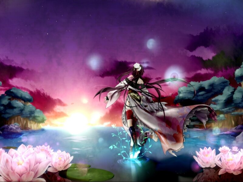 Anime Girl in Water — Purple, Serene, Sunset