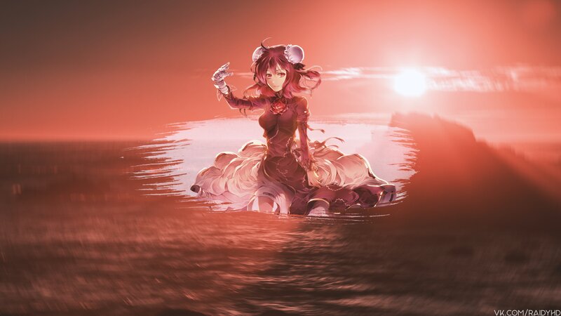 Anime Girl in Water — Red, Dramatic, Sunset