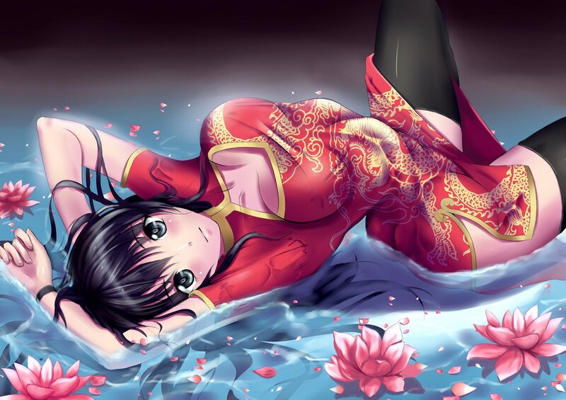 Anime Girl in Water — Red, Serene, Digital Art