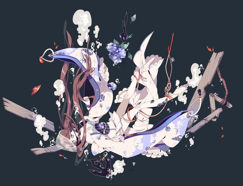 Anime Girl in Water — White, Dramatic, Digital Art