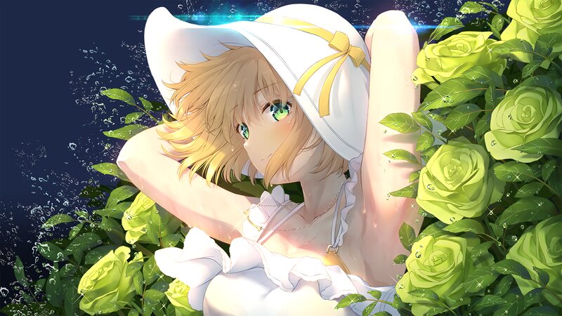 Anime Girl in Water — White, Serene, Night, Digital Art, Roses